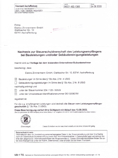 Steuerschuldnerschaft bei Elektro Zimmermann GmbH in Aschaffenburg