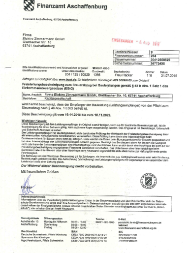 Freistellungsbescheinigung bei Elektro Zimmermann GmbH in Aschaffenburg